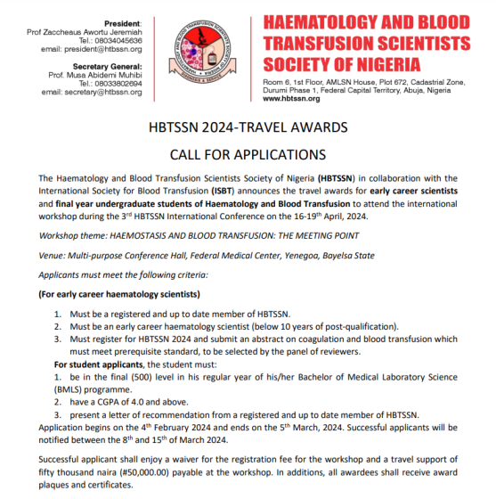 HBTSSN 2024-TRAVEL AWARDS CALL FOR APPLICATIONS
